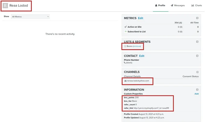 Klaviyo - Member info view